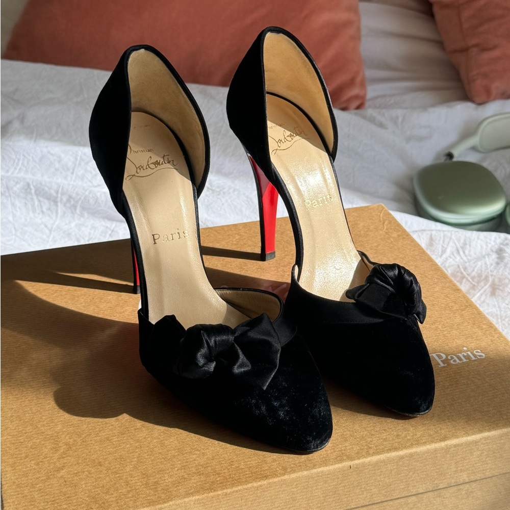 Christian Louboutin Black Velvet & Satin Bow Heels
